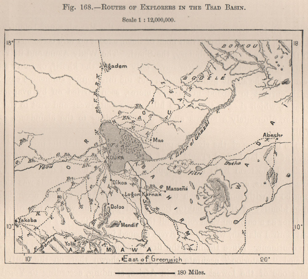 Routes of explorers in the Chad Basin. Chad. The Chad Basin 1885 old map